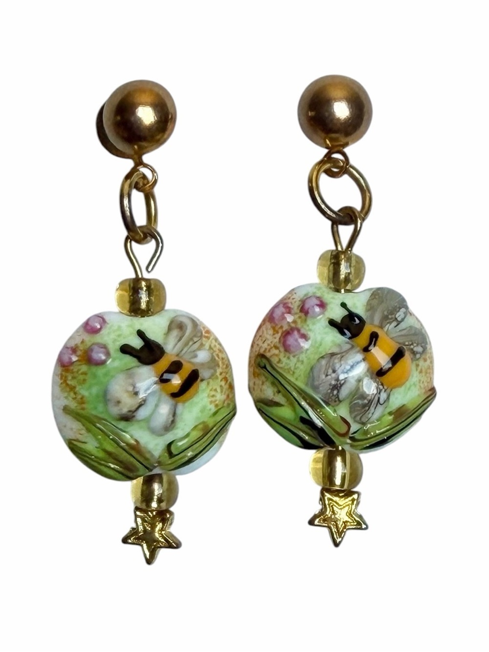 Hand-painted Lampwork Glass Bead Bumblebee & Flower Pierced Earrings